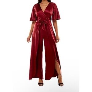 Premier Armour Satin V-Neck Split Leg Jumpsuit Women’s Size 8 Red Cocktail Party